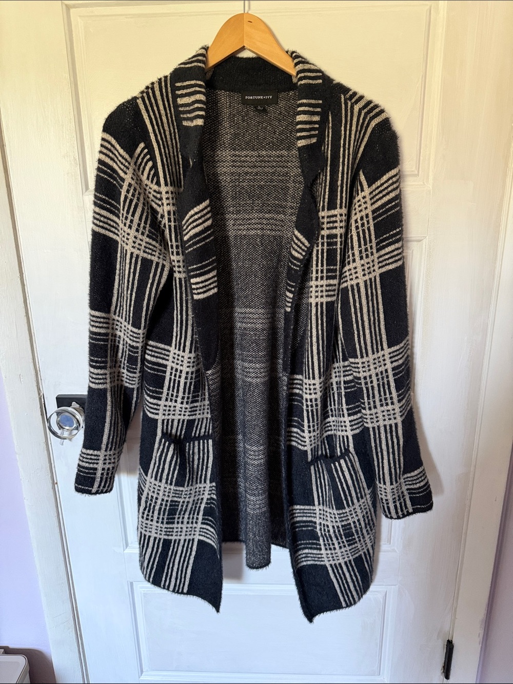 Fortune + Ivy Plaid Open-Front Shawl Collar Cardigan - Black & Cream